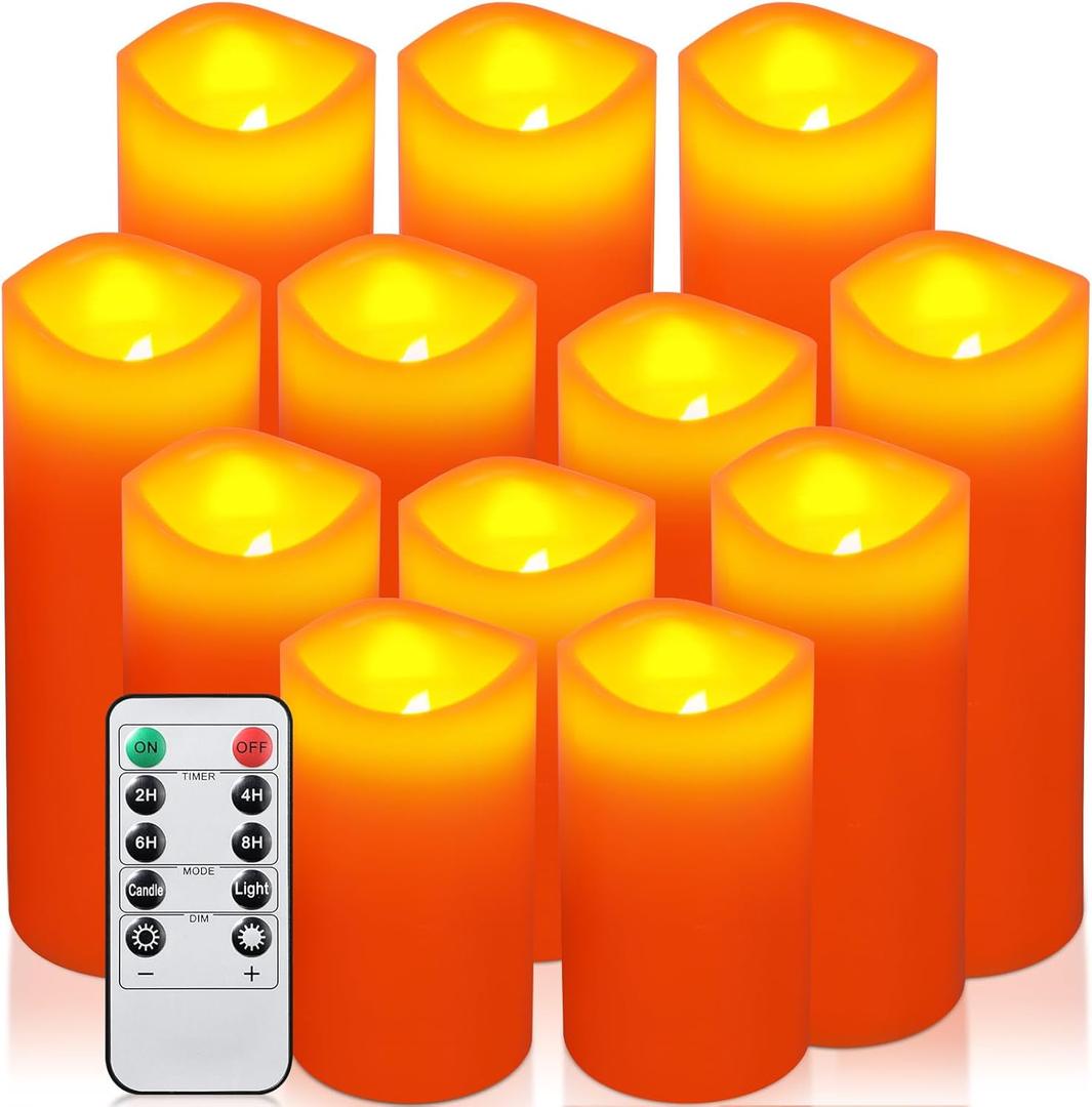Retisee 12 Pcs Flameless LED Candles Battery Operated with 10-Key Remote Timer, 4" 5" 6" 7" Real Wax Flickering Pillar Orange Flameless Candles for Fall Halloween Thanksgiving Wedding Decor