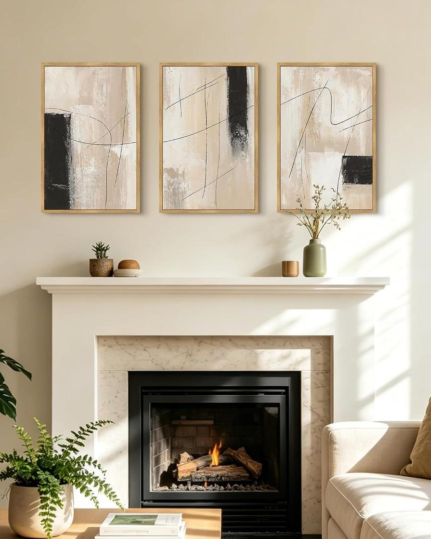 KUVIOKE Abstract Framed Wall Art Minimalist Beige Pastel Watercolor Neutral Wall Decor Modern Black Line Art Painting Home Decor 16x24in (Natural Framed)