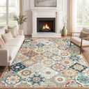 Area Rug 8X10 Living Room Rugs - Large Bohemian Floral Machine Washable Low Pile Stain Resistant Rug Soft Non Slip Neutral Indoor Floor Carpet for Bedroom Kitchen Dining Room Office,Cream/Multi