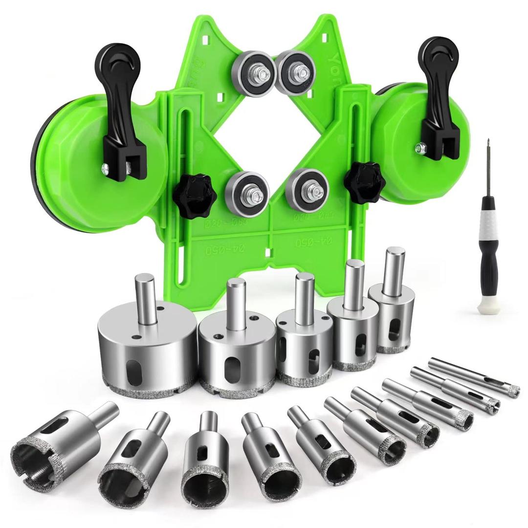 Diamond Hole Saw Kit 17PCS Tile Drill Bits Sets with Double Suction Cups Hole Saw Guide Jig Fixture from 6 mm-50 mm Hollow Drill Hole Saw Set for Ceramic, Glass, Tile, Porcelain, Marble, Granite