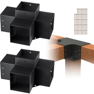 VEVOR Pergola Bracket Kit 6''x6'', 2pcs 4-Way Heavy Duty Corner Bracket Woodworks DIY Post Base Kit, Easy Installation Wooden Beams for Gazebos, Patio Pergolas, Log Cabin Outdoor Pergola Hardware