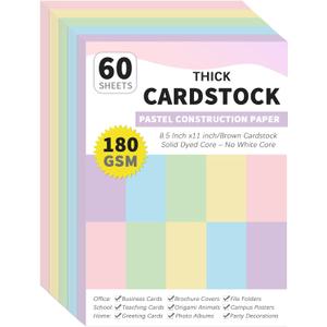 gisgfim 60 Sheets Pastel Cardstock 8.5 X 11 Solid Dyed Core Construction Paper Cardstock 5 Assorted Colors Card Stock Printer Scrapbook Paper 65lb/180gsm for Embossing Printing Invitations DIY Craft, Pastel