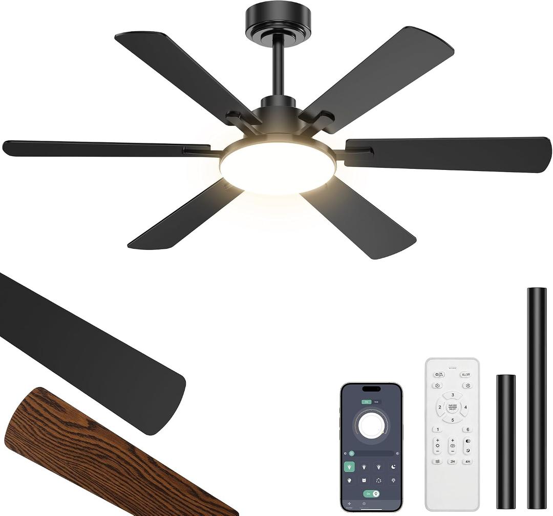 52 Inch Ceiling Fans with Lights, Upgraded 6 Blade Design, Remote Control, Ultra Quiet Reversible DC Motor, 6 Speeds, 3CCT Dimmable LED, Memory Function, Double Sided Blade for Bedroom Livingroom