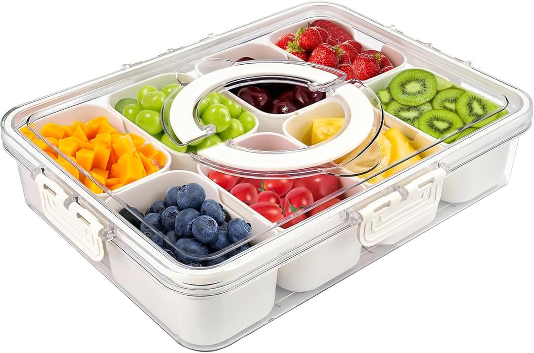 Snackle Box Container with Sealed Lid  Portable BPA-Free Snack Box with Foldable Handle, Divided Serving Tray for Fruit, Candy, Nuts & Veggies  Perfect for Travel, Picnic, Beach & Party 11.8" x 8.8" (White)