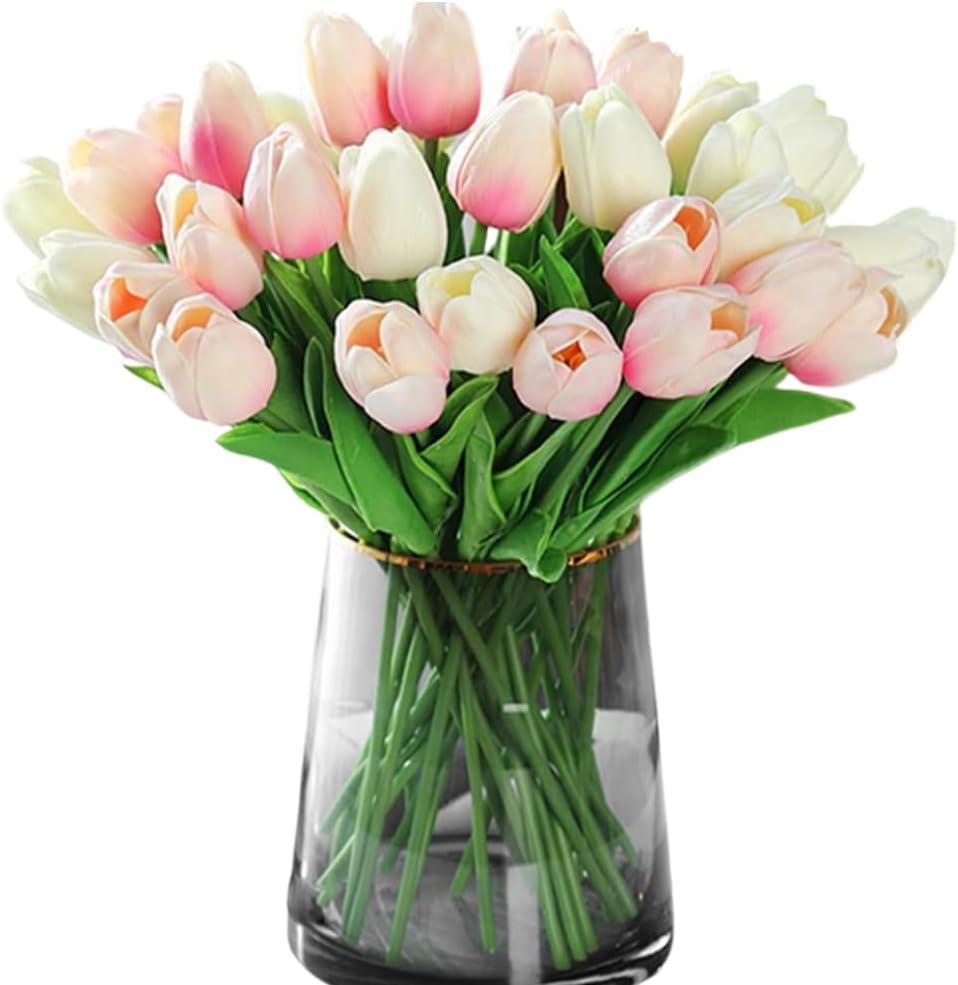 20pcs White Faux Tulips Flowers Fake Flowers Bouquets 13.5" Mother's Day Easter ValentineS Day Gifts in Home Kitchen Wedding Dining Table Decorations Aesthetic No Odor (White and Pink)