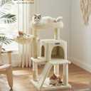 Feandrea Cat Tree, 37.8-Inch Cat Tower, Multi-Level Condo with Widened Perch, Scratching Posts and Ramp, 2-Door Cave, Hammock, Beige UPCT51M