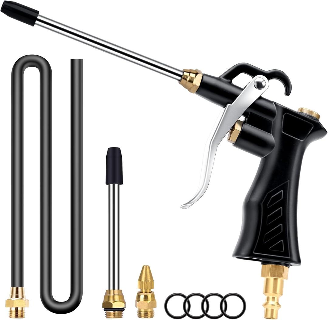 Brass Industrial Air Blower with Adjustable Nozzle, Universal Blow Hose & Steel Extensions - Air Compressor Dusting Tool (Black)