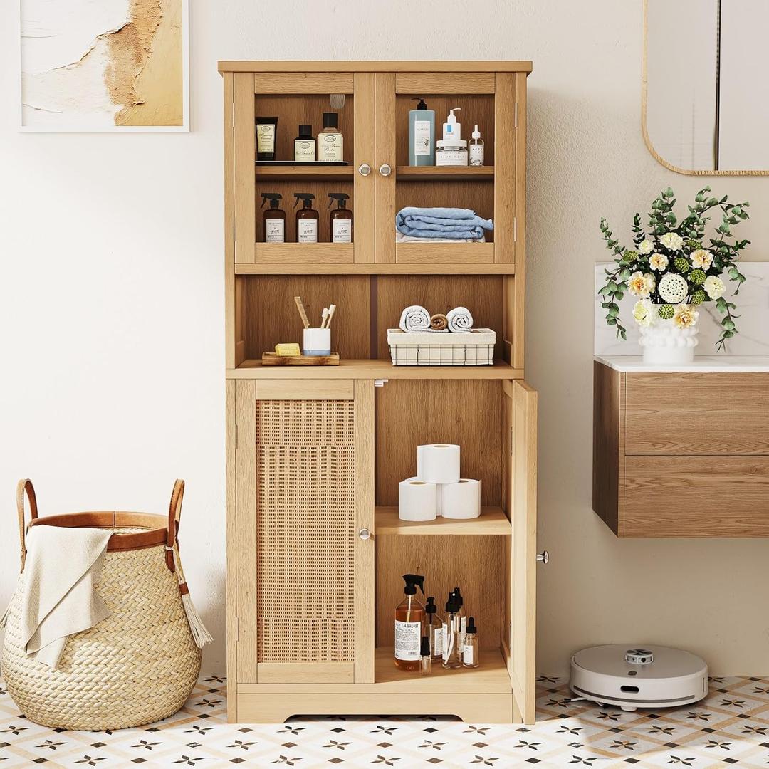 Irontar Rattan Bathroom Cabinet, Bathroom Floor Cabinet with Open Shelf, Display Storage with Doors, Kitchen Cupboard, Storage Cabinet for Living Room, 23.6 x 11.8 x 50.4 Inches, Natural CWG006M