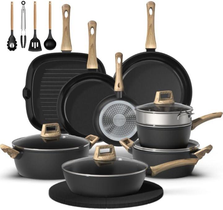 Bazova 23-Piece Pots and Pans Set Non Stick,Titanium Ceramic Cookware Set Non Toxic,Long-Lasting,PFAS Free,Induction Compatible,Complete Kitchen Set with 3 Frying Pans for All Cooking needs (Black)