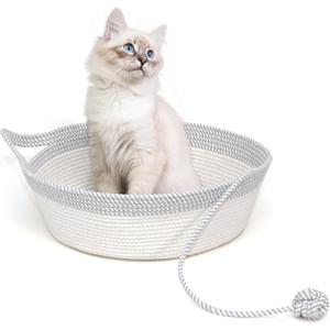 Cotton Rope Woven Cat Bed Basket, Hand Woven with Toy Tail, Small Dogs & Puppies Sleeping Bed, Indoor Cat & Rabbit Basket (Large, Gray & White)