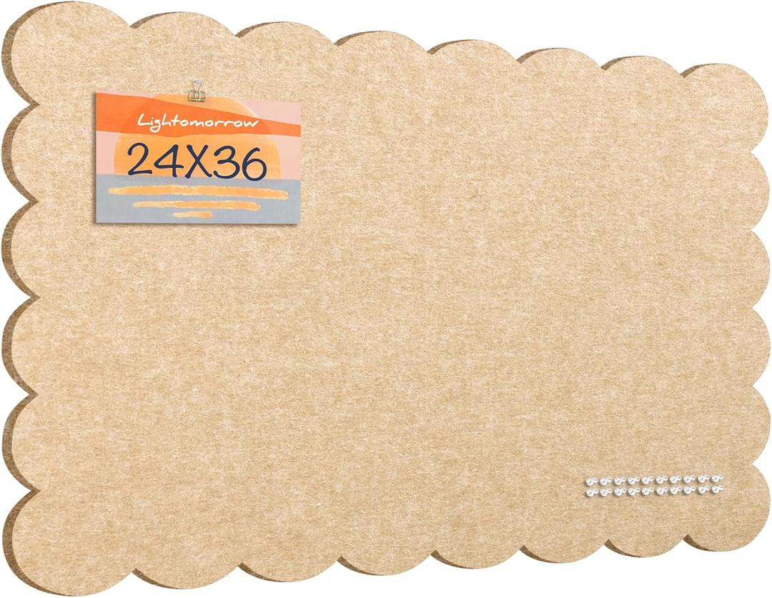 Lightomorrow Scalloped Bulletin Board, 36 x 24 Inches Felt Pin Board - Decorative Cork Alternative for Wall, Foldable Picture Self-Adhesive Vision Prayer Board with 20 Pushpins - Beige Brown, 3624 inches