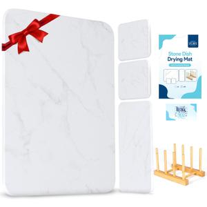 Stone Drying Mat For Kitchen Counter BUNDLE - Oversink Dish Drying Rack Dish Drying Rack Made with Absorbent Materials, Diatomaceous Dish Drying Mats, White, Marble, 15.7"(L)11.8"(W)