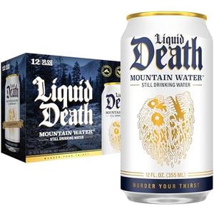 Liquid Death, Still Mountain Water, 12-Pack (12oz Cans), Real Mountain Source, Infinitely Recyclable Ice-Cold Cans, American Made, BB 05/16/28