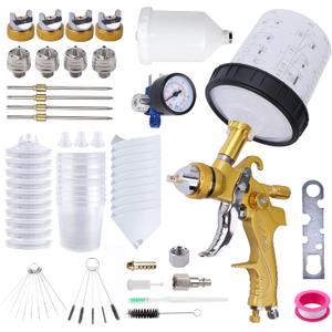 Zeinlenx HVLP Spray Gun with 10Pcs 600ML Disposable Paint Cups, 4 Nozzles, 1.4/ 1.7/ 2.0/ 2.5mm, Automotive Gravity Feed Paint Spray Gun Kit with Air Compressor Regulator for Auto (Gold)