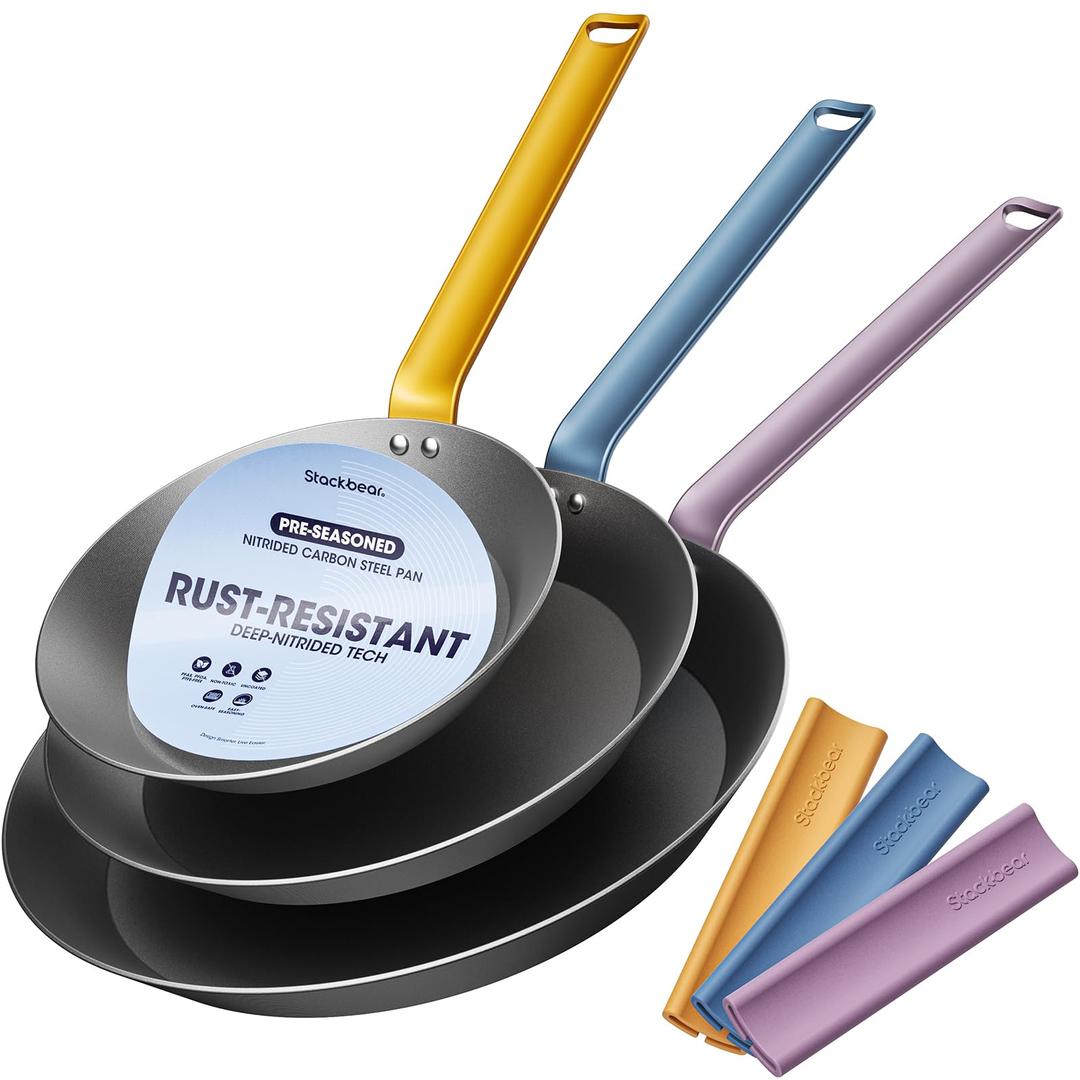 stackbear Carbon Steel Frying Pan Set, 8 10 12 Inch Nitrided Skillets