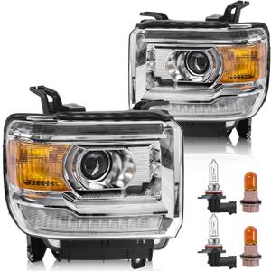 Headlight Assembly with LED DRL Compatible with GMC Sierra 2014-2018 1500 | 2015-2019 2500HD/3500HD Base/Denali/SLE/SLT, Headlamp Replacement with LED DRL, with Bulbs, Chrome Housing Amber Reflector