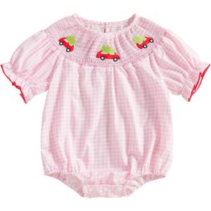 Newborn Baby Girl Smocked Thanksgiving Outfit Infant Plaid Bubble Romper Embroidery Turkey Fall Clothes (Pink)