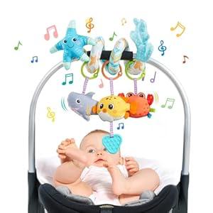 Jollybaby Crib Stroller Car Seat Toys for Baby 0-3-6-9-12 Months, Tummy Time Hanging Sensory Toys for Newborn with Music Box and Teether, Spiral Carseat Toy for Infant Boy Girl Gift (Blue)