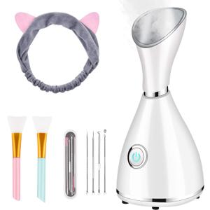 Facial Steamer for Facial Deep Cleaning, Moisturize, Unclog Pores, Face Spa, Nano Ionic Humidifier, Home Facial Warm Mist Face Steamer with Blackhead Removal Kit, Brush, Hair Band (7 Piece Set)