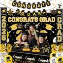 Class of 2026 Graduation Party Decorations Set, Black Gold Congrats Grad Banner & Backdrop with Table Centerpieces and Balloons, 2026 Graduation Decorations for Party Supplies, Photo Booth Background