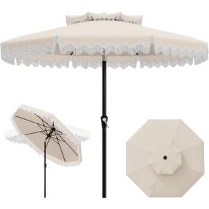 AreShark 9FT Patio Umbrella with Fringe, Wind-Resistant Fiberglass 8 Ribs Tassel Outdoor Umbrella with Crank and Push Button Tilt, Double Tier Vent Sun Shade for Pool, Deck, Backyard, Off-White