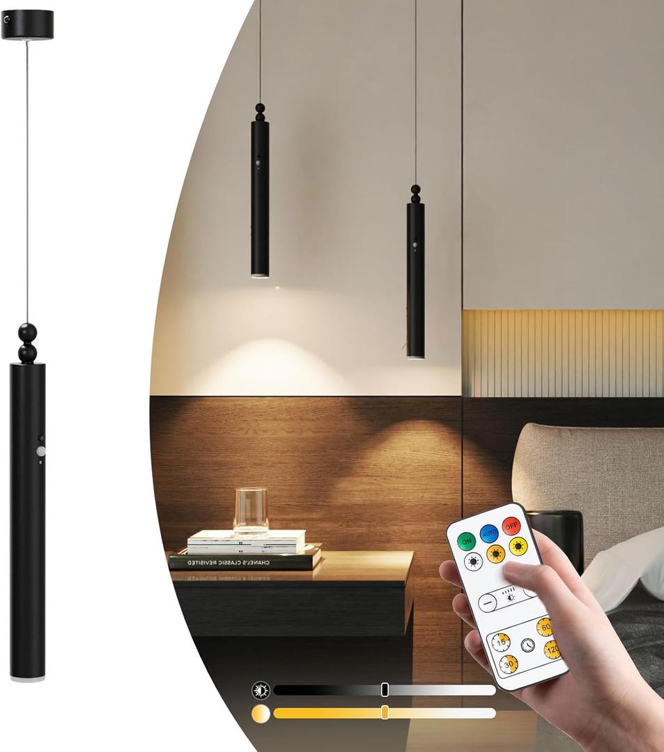 Battery Operated Pendant Light, Battery Chandelier with Remote Control, Rechargeable Hanging Light Fixture with 4000mAh Battery, 3 Color Dimmable, No Wiring, Idea for Bedroom Kitchen Island