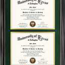 GraduationMall Double 8.5x11 Diploma Frame,Solid Wood & Tempered Glass,Black Finish with Gold Trim,Forest Green & Gold Mat