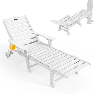 Lounge Chair Outdoor, Oversized Chaise Lounge Chair with 5 Positions, HDPE, Patio Lounge Chair with Wheels & Cup Holder for Pool, Deck, Poolside, White