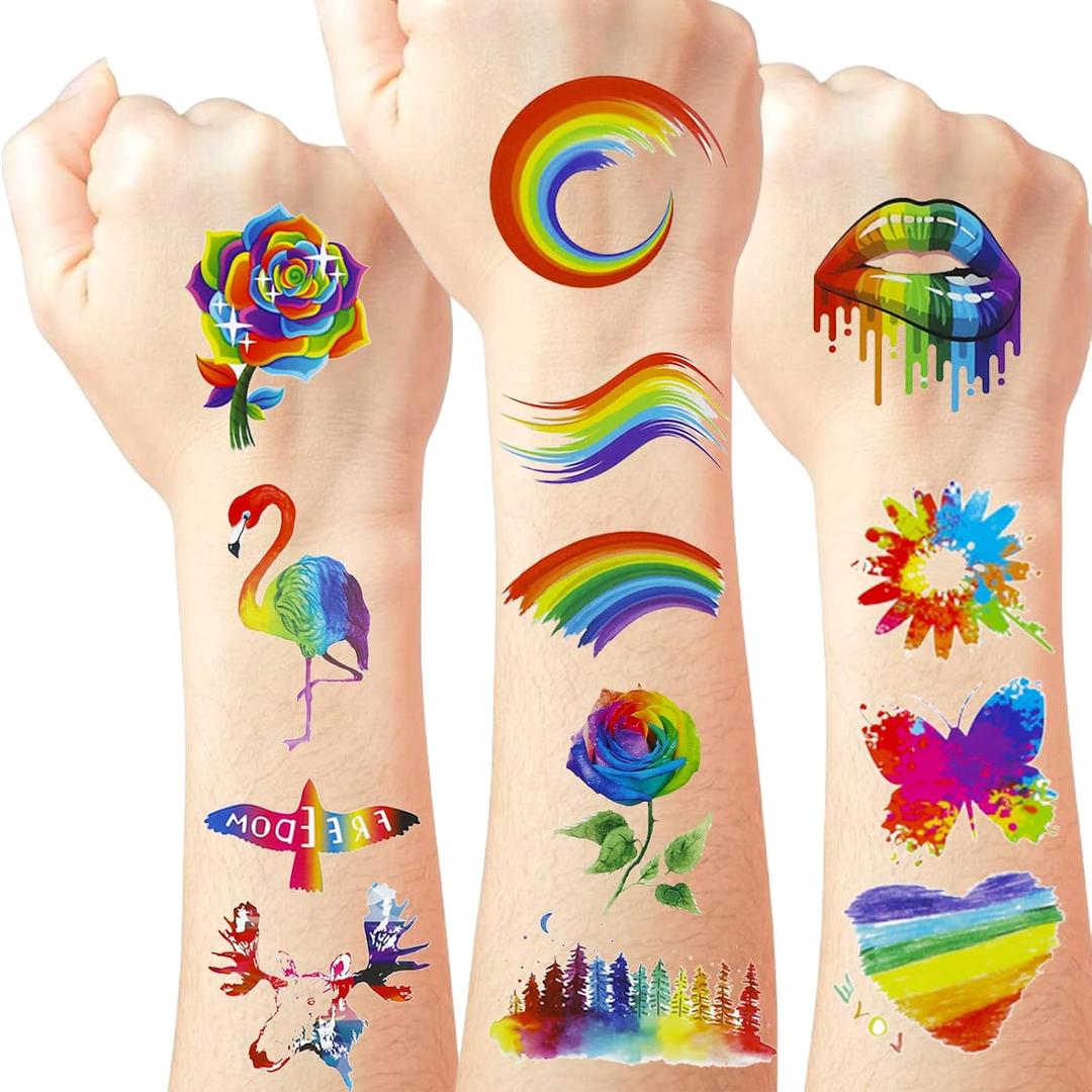 4 x 200+ PCS Pride Rainbow Tattoos Stickers LGBT LGBTQ Flag Decorations Accessories Temporary Sticker Pride Month Gay Birthday Party Gifts Boys Girls Men Woman Cute Fake Tattoo Themed Festival