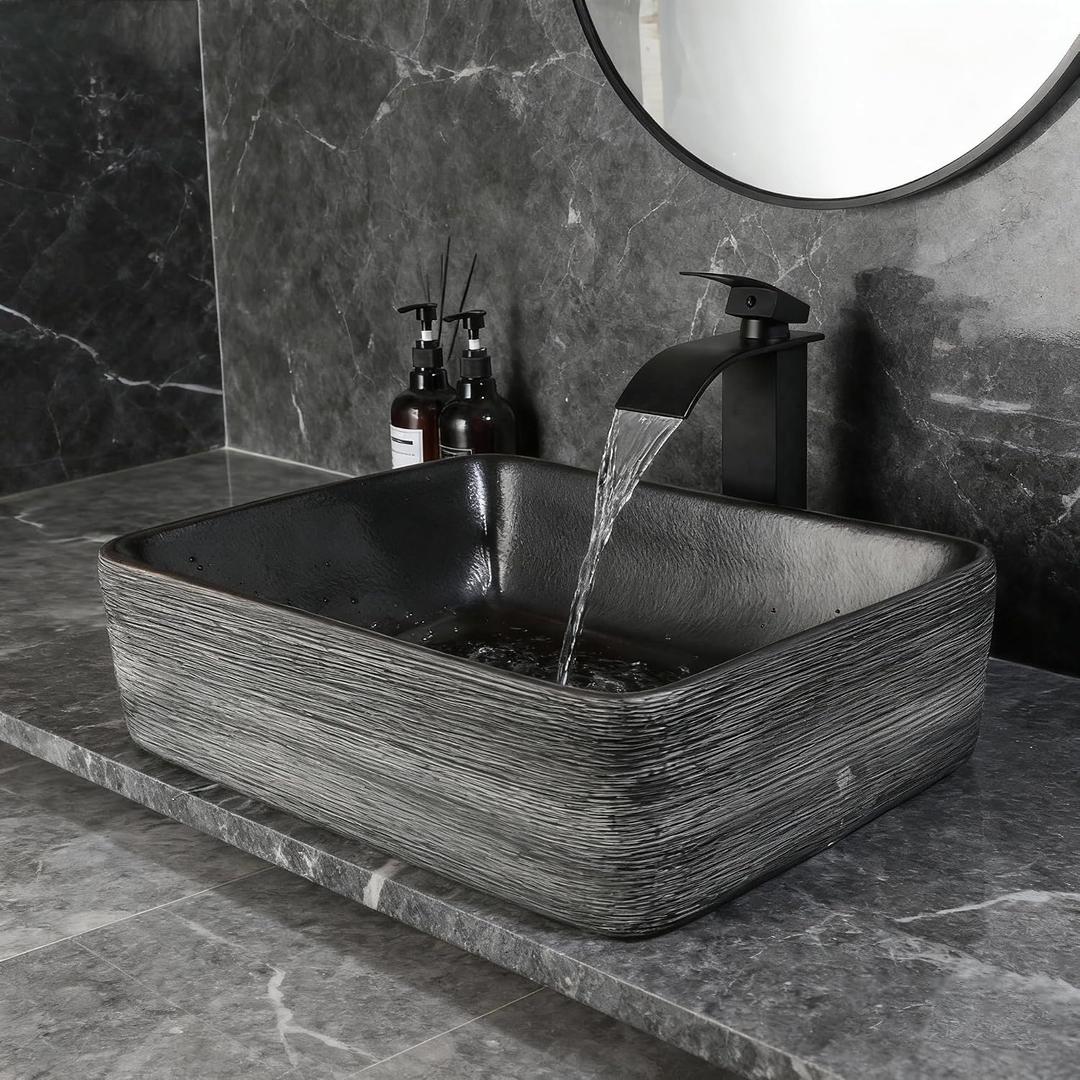 Black Vessel Sink Rectangle 18"x14" Bathroom Sink Above Counter Porcelain Ceramic Small Sink Bowl Ceramic Vessel Sinks with Waterfall Faucet and Pop-up Drain for Bathrooms, 18 inch x14 inchx5.4 inch
