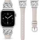 TOYOUTHS Leather Band Compatible with Apple Watch Bands Women 38/40/41/42mm Dressy Slim Thin Leather Strap with Designer Interlock Buckle for iWatch Series 10/9/SE/8/7/6/5/4/3/2/1, Starlight+Silver