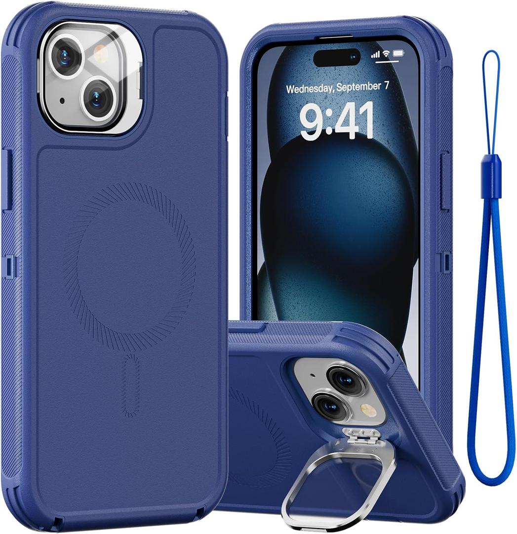 Follaroma for iPhone 15 Plus Case with Stand & Built-in Camera Cover, MagSafe Compatible, Heavy-Duty Shockproof Protection, Magnetic & Rugged Phone Cover for iPhone 15 Plus 6.7'', Navy