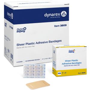 Dynarex Sheer Plastic Adhesive Bandages Water-Resistant and Sterile Non-Stick Pad First Aid Covers Minor Cuts Scratches - 2" x 3", Case of 24 Boxes, 100 per Box