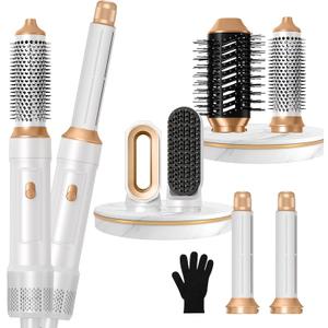6 in ONE Blow Dryer Brush, Curling Wand Hair Styling Tools Set, Ionic Hot Air Hair Dryer, Massage Oval Hair Dryer, Left&Right Hair Curlers 100-120V (White)