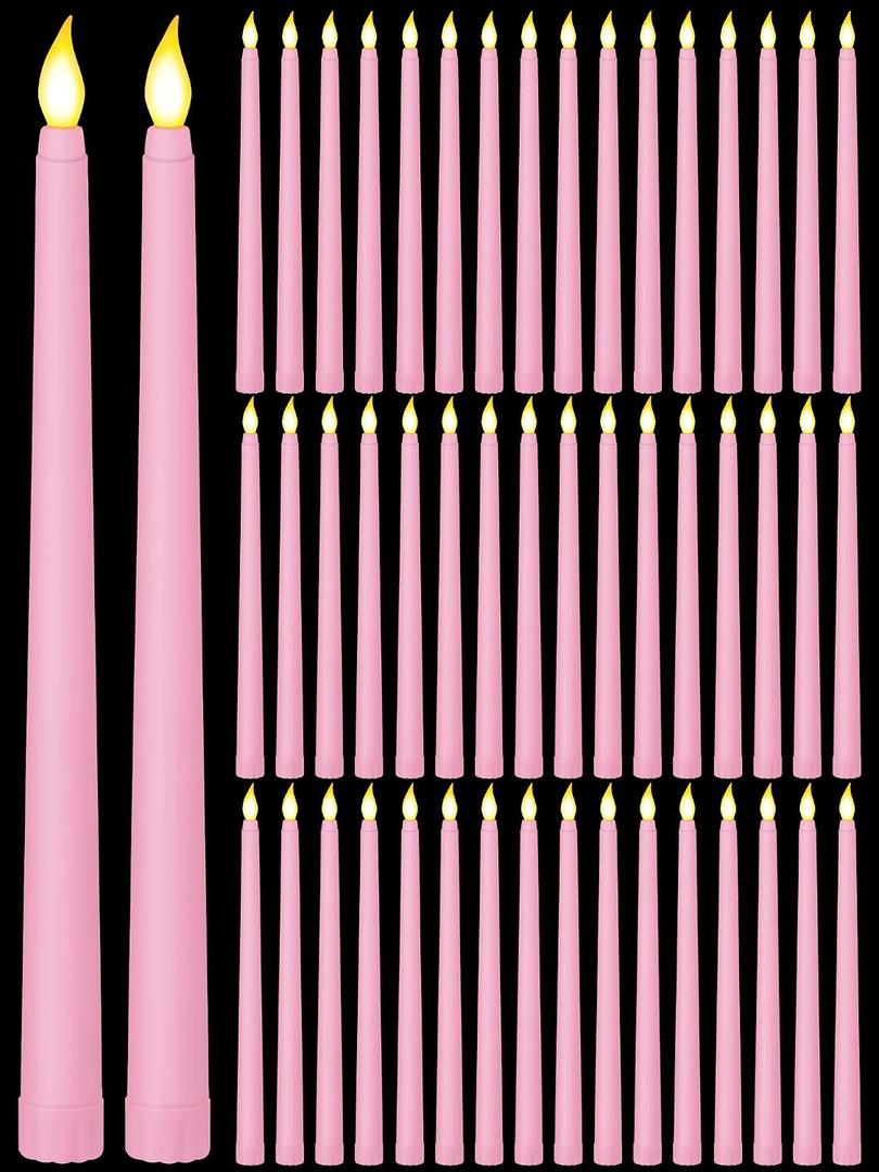 Funtery 48 Pcs Flameless LED Taper Candles Battery Operated Candles Bulk Realistic LED Candlesticks Flickering for Wedding Church Graduation Party Home Decor(Pink,Classic Style)
