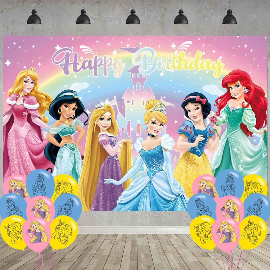 Princess Birthday Party Decoration,Photo Background 5 x 3 FT, 18 Pcs Balloons,Princess Merch Party Backdrop Supplies