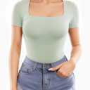 MANGOPOP Women's Square Neck Top Double Lined Short Sleeve Long Sleeve T Shirt Fitted Seamless Tee (Green, XXL)