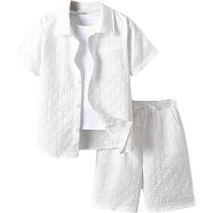 RoseSeek Boy's 2 Piece Beach Vacation Textured Linen Outfit Short Sleeve Button Down Shirt Top and Shorts Summer Set (White, 10Y)