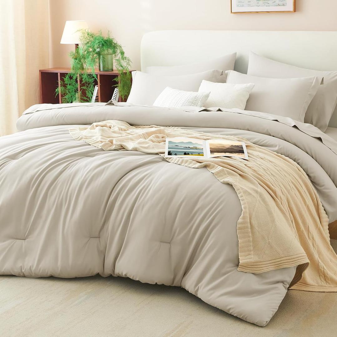 CozyLux Oversized Queen Comforter Set Beige, 7 Pieces Bed in a Bag Comforter Set with Sheets, Luxury Soft Bedding Sets with Down Alternative Comforter, Fitted Sheet, Flat Sheet, Pillowcases & Shams