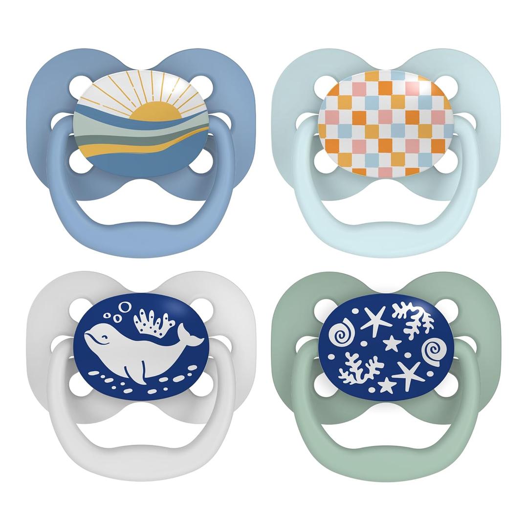Dr. Brown's Advantage Glow-in-the-Dark Baby Pacifier, Fully Symmetrical Soother with Soft Silicone Bulb, Blue Sunrise-Blue Ocean, 0-6m, BPA Free, 4 Pack (4 Pack, Glow-in-the-Dark Blue Ocean-Blue Sunrise)