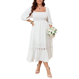 SCOMCHIC Women's Plus Size Maxi Dress Short Sleeve Square Neck Smocked Flowy A-Line Lace Trim Boho Wedding Guest Dresses 4XL