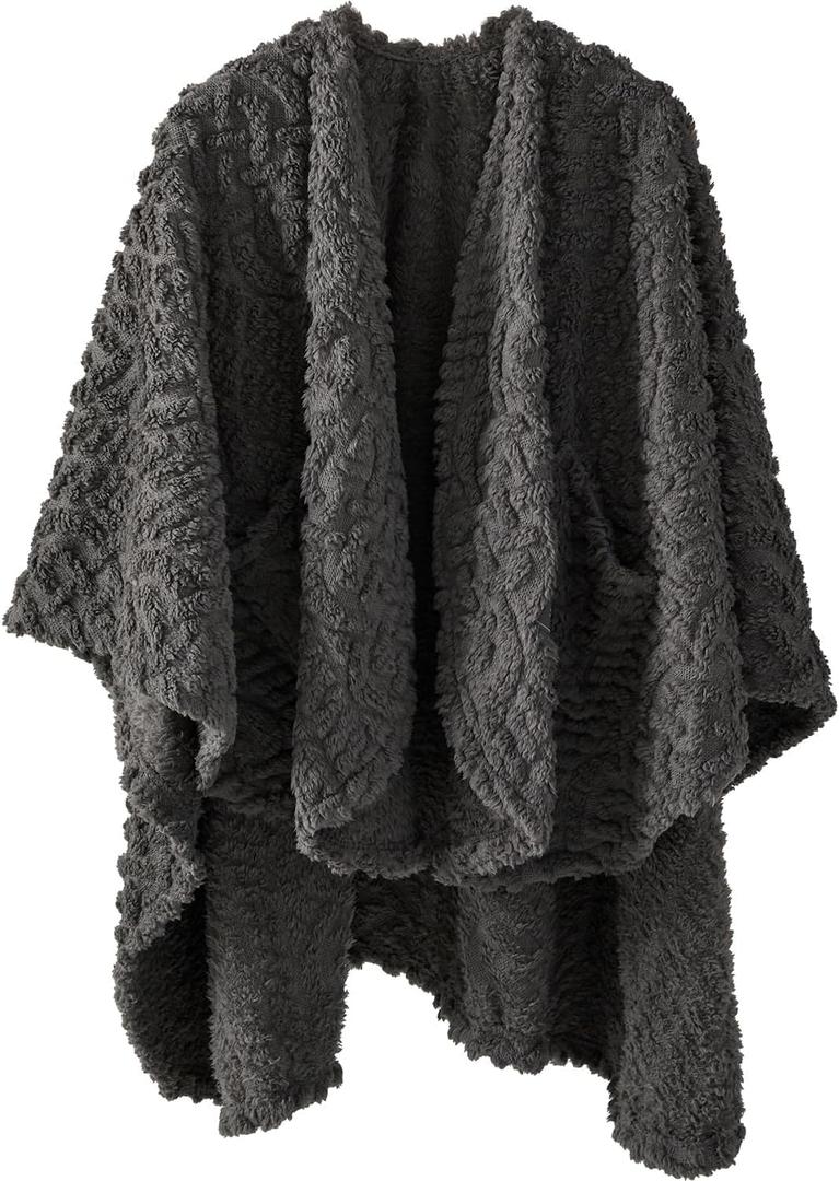 Royoliving Fuzzy Sherpa Wearable Fleece Blanket with Pockets for Adults, Ultra Soft Plush Shawl Throw Blankets (Grey, 58'' x 64'')