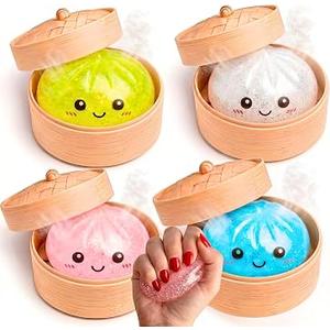 Glitter Dumpling Squishy Mystery Box - 2026 Upgraded Dumplings Squishes for Adults Teens Squeeze Easter Basket Stuffers Smiling Silver Pink Blue Yellow - 4 PCS