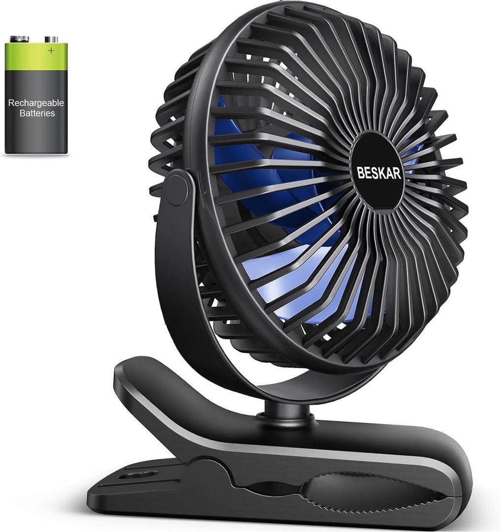 BESKAR 2 Pack USB Clip Fan Black and Rechargeable Clip Fan Black Blue Bundle Deal Clip & Desk Fan with Strong Airflow