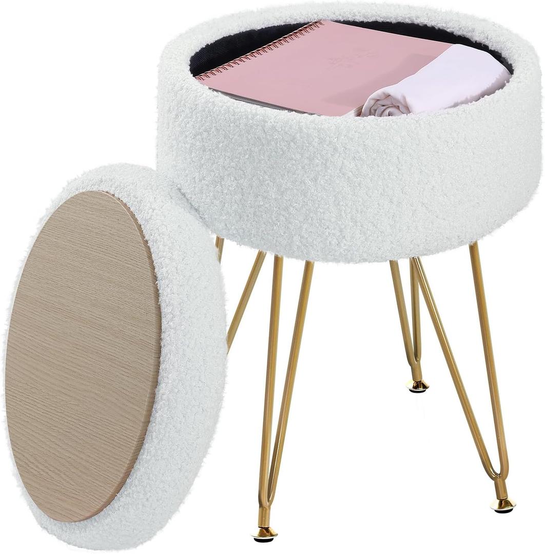 Storage Ottoman Round Footrest Stool, Vanity Chair Faux Teddy Fur with Storage, Dressing Table Seat, Modern Multifunctional Chairs,12.6" x12.6"x17.4",Cream White UASND51W
