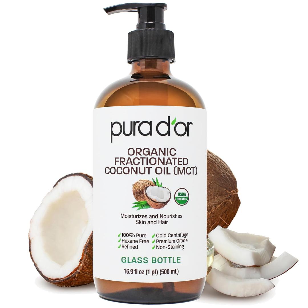 PURA D'OR 16.9 Oz ORGANIC Fractionated Coconut Oil (GLASS BOTTLE) USDA Certified MCT Oil  Therapeutic, Lightweight Moisturizer  Hexane Free Carrier Oil For Essential Oils, Massage  Face, Hair, Body