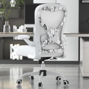 Office Desk Chair with Ergonomic Lumbar Support, Extra-Thick Seat Cushion, Flip-up Arms, Breathable Mesh Back, Computer Task Chair for Home Office (White+marble)
