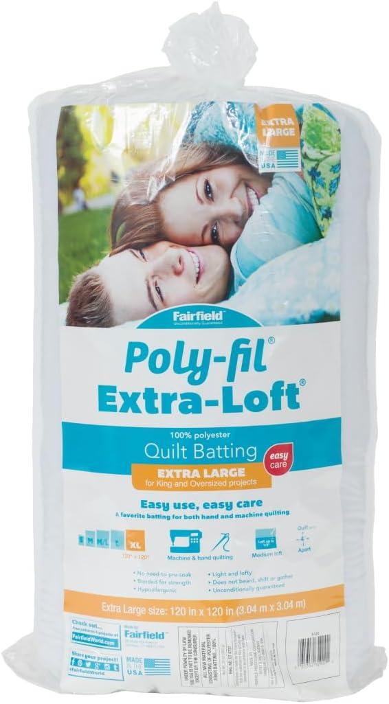 Fairfield Poly-Fil Extra-Loft Quilt Batting, Premium Polyester Batting for Quilting, Ideal for Lap Blankets and King-Sized Projects, Quilting Supplies, 120" X 120"