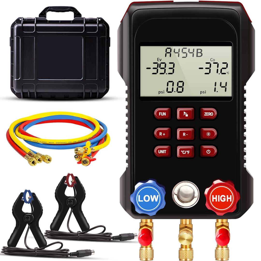 Digital Manifold Gauge, AMF-300 Digital AC Gauge Set HVAC Gauges with Super Soft 3000 Psi Air Hose Strong Biting Force Temperature Clamp for HVAC System Install Tool A2L R454B R-32 R-1234yf