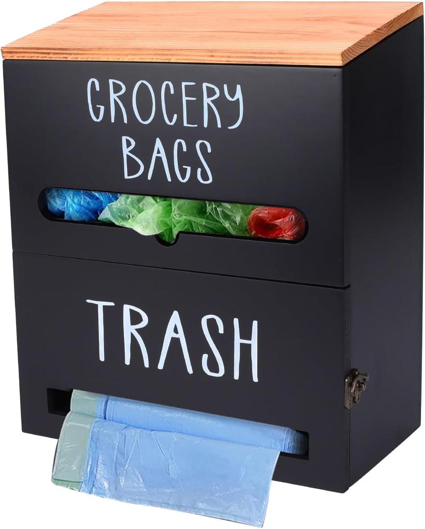 2 in 1 Trash Bag Holder with Grocery Bag Holder, Wooden Trash Bag Dispenser Wall Mounted, Trash Bag Organizer for Countertop/Under Sink, Garbage Bag Holder Dispenser for Plastic Bags, Black